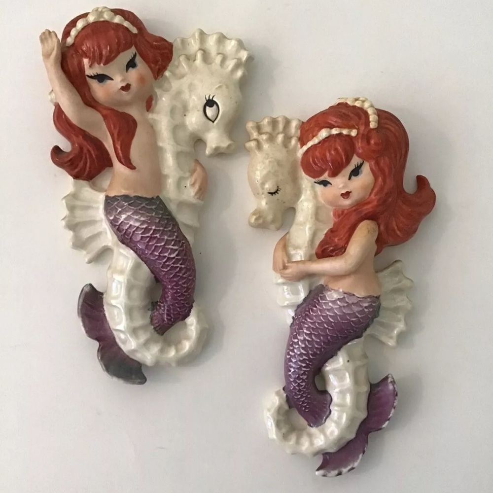 RARE! MCM Vintage Pair 50s Mermaid Wall Plaque Hanging Bathroom Mid Century